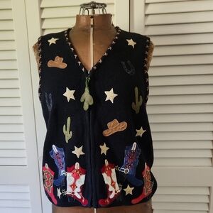 Tiara International Vintage Black Sweater Vest Cowboy Embroidery And Beading